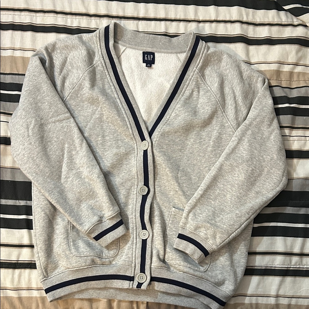 GAP Light Gray Cardigan with Navy Trim - Picture 1 of 2